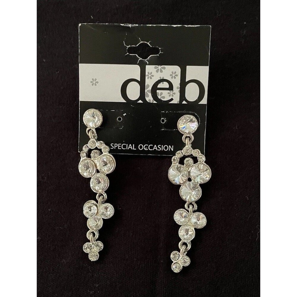VTG Deb Rhinestone Dangle Fringe Earrings Y2K Deadstock Silver Tone Prom Formal